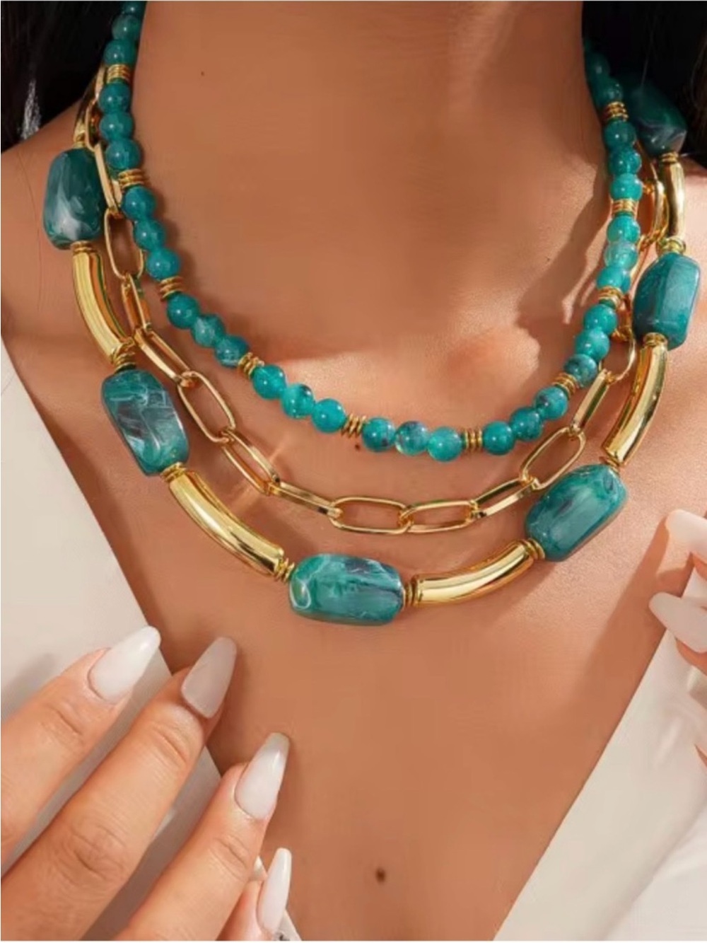 Gold-Plated Multi-Strand Teal Bead Statement Necklace
